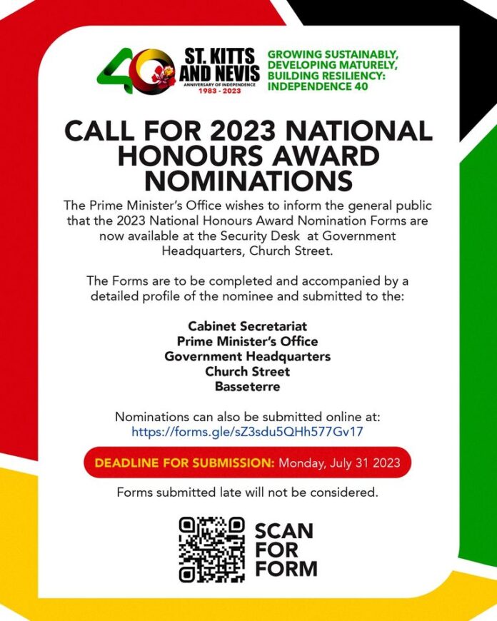 St Kitts and Nevis: PMO calls public to register for 2023 National Honours Awards 