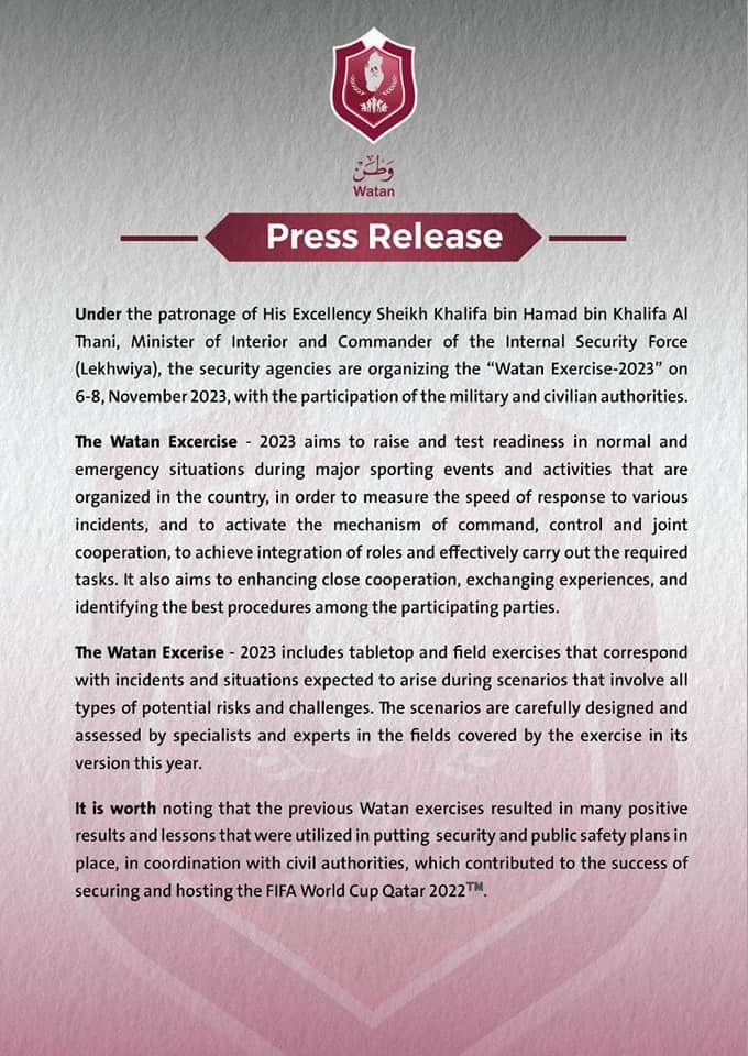 Qatar: “Watan Exercise-2023” is all set to begin on 6th November